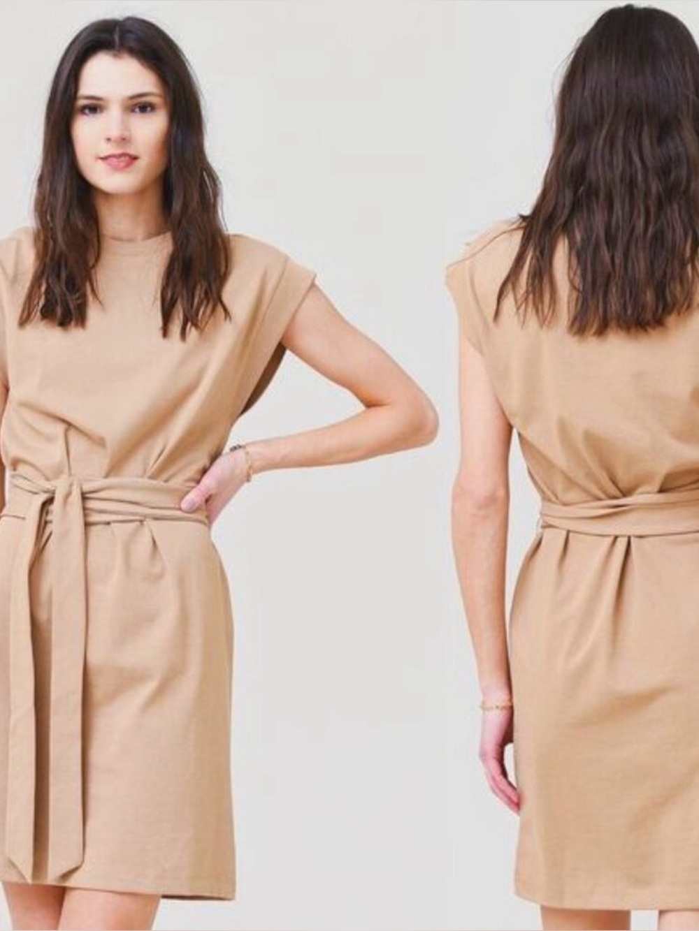Vince Women's Short Sleeve Tie Waist Cotton Dress Almond Size XXS